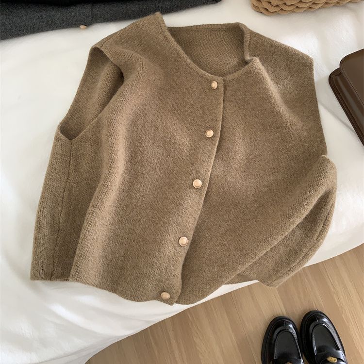 Spring and Autumn Women Sweater Vest Gold Button Up Waistcoat Soft Knitted Sleeveless Cardigan Jacket Top
