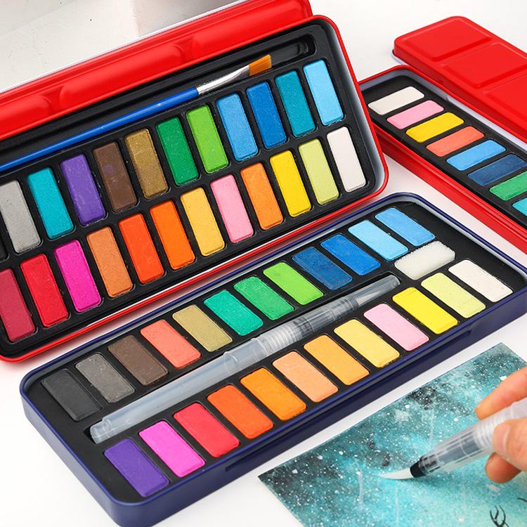 Watercolor Solid Pigment Set: 24 & 18 Colors for Beginners in Tin Box