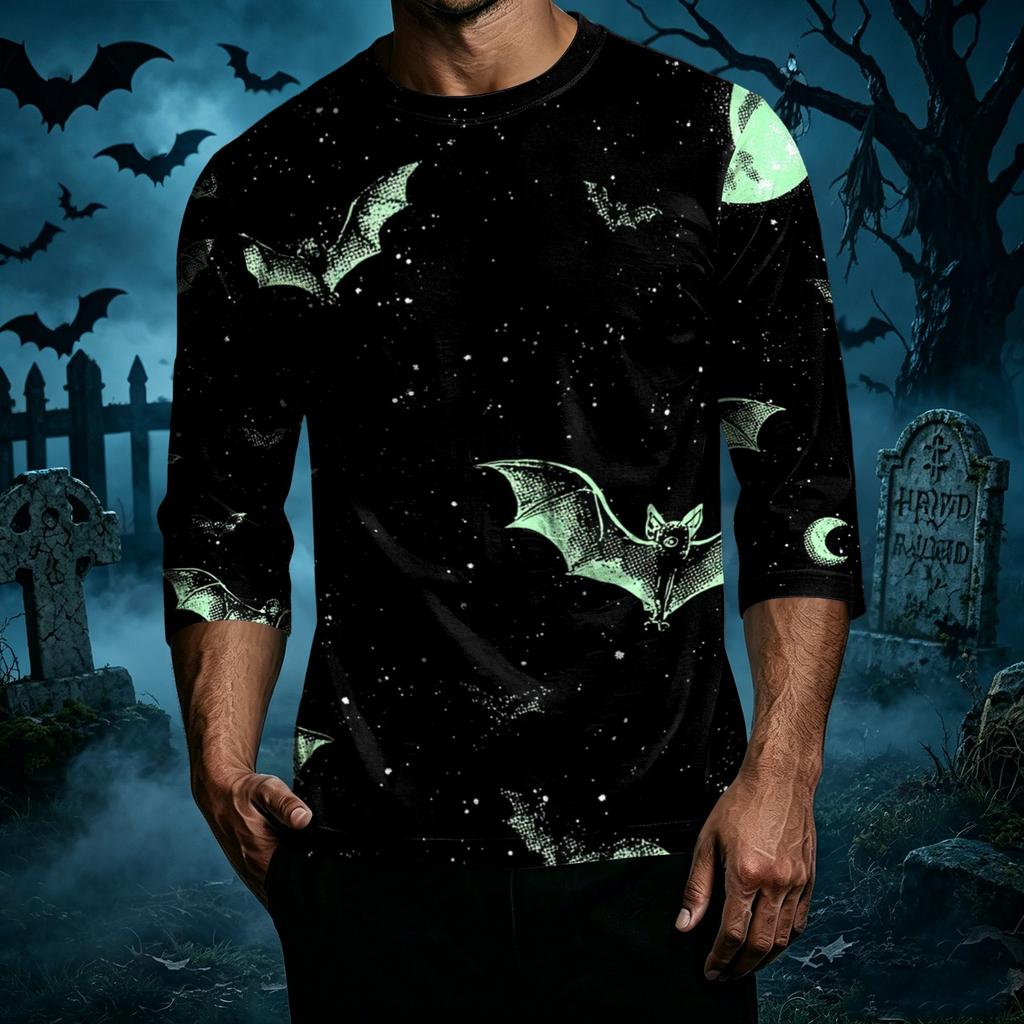 Men's Casual Halloween Graphic Crew Neck T Shirt Three Quarter Sleeve Top Lightweight Comfortable Fit