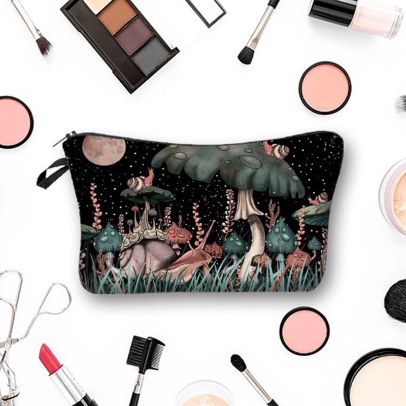 1pc Vintage Mushroom Moon Pattern Makeup Bag Pouch for Women Girls Travel Portable Makeup Storage Bag