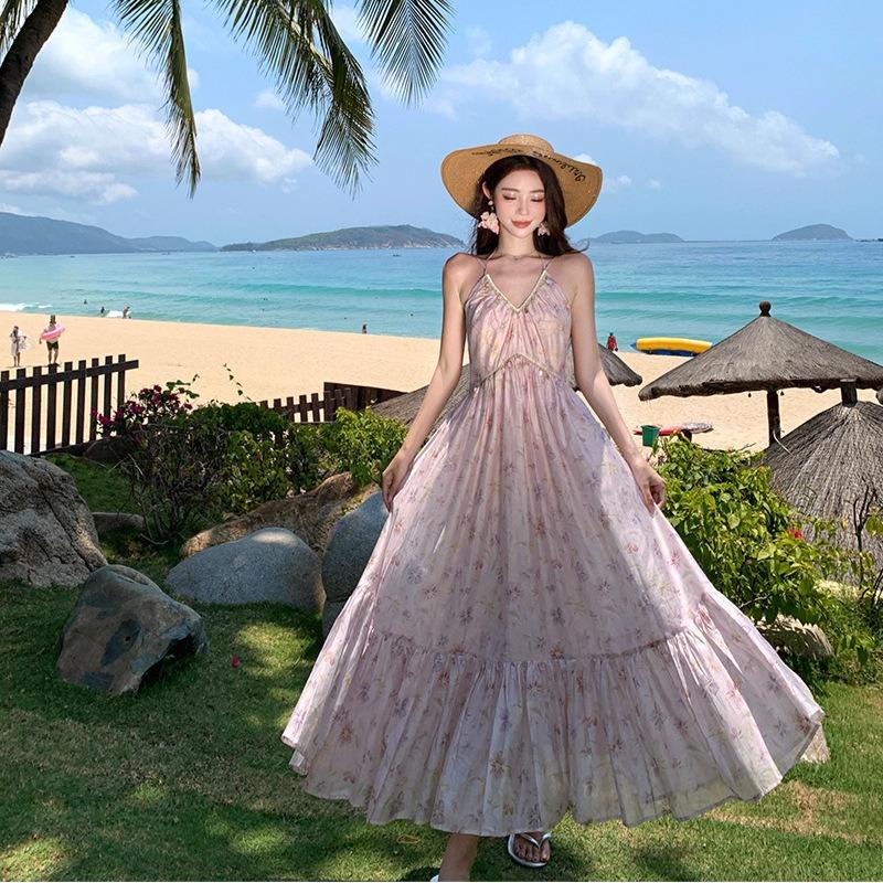 

Holiday Purple Collar Floral Neck Suspender Dress Looks Good, Unique and Beautiful Fairy Long Skirt L
