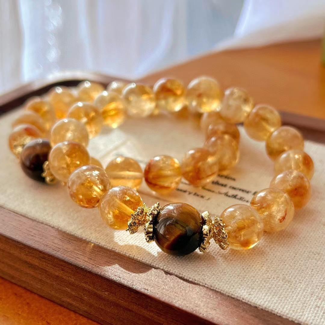 10Mm Retro Natural Citrine Tiger S Eye Bracelet Atmosphere Beaded Bracelet Maillard Style