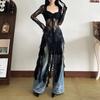 Long Sleeve Lace Flower Dress Ruffled Edge Transparent Dress Women Pleated Lace Dress  Party
