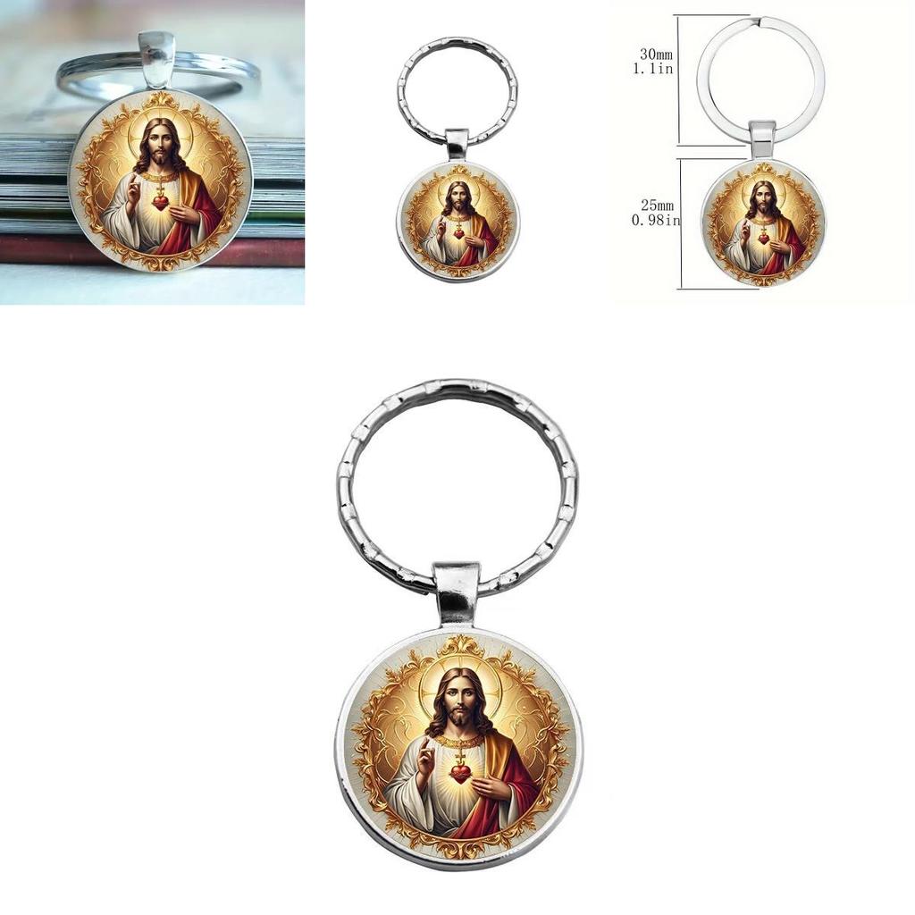 Heart Jesus Character Glass Keyring With Alloy Decor For Party Gifts And Celebrations