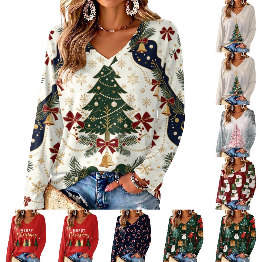Women's V-Neck Long Sleeve Christmas Print Lightweight Blouse for Spring and Summer