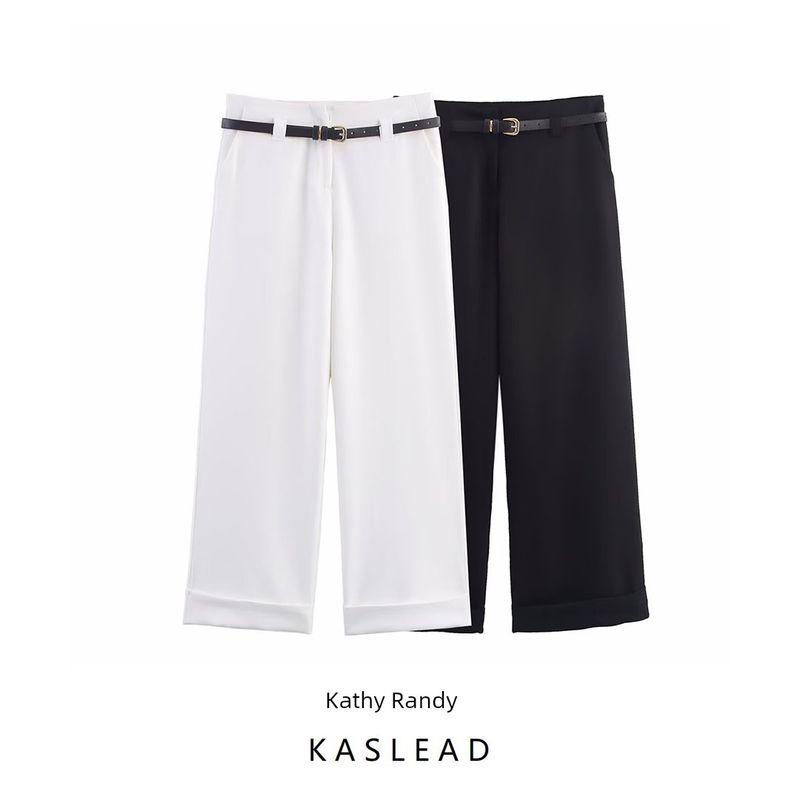 Kaslead New Women clothes Western Style Versitile Fashion Simple Belt Curling Casual Trousers