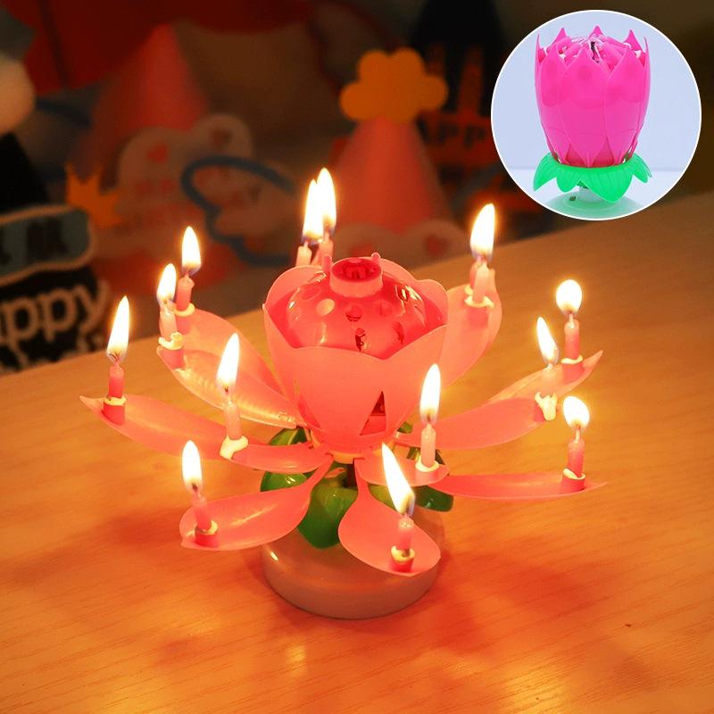 Musical Rotating Lotus Flower Candle for Birthday Parties