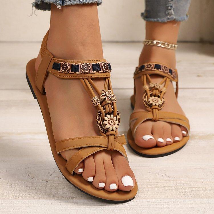 Flower Beaded Bohemian Sandals for Women Summer Roman Style Comfortable Flat Sandals Woman Lightweight Non Slip Beach Shoes