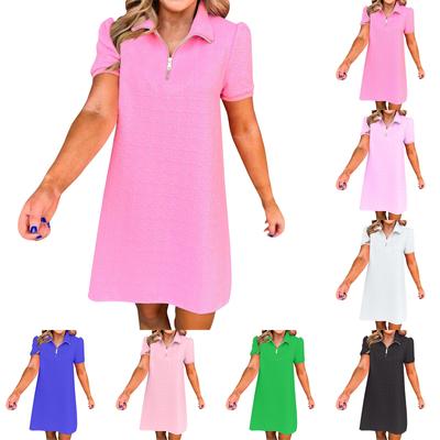 Women's Loose Solid Color Daily Lapel Zippered Short Sleeved Dress