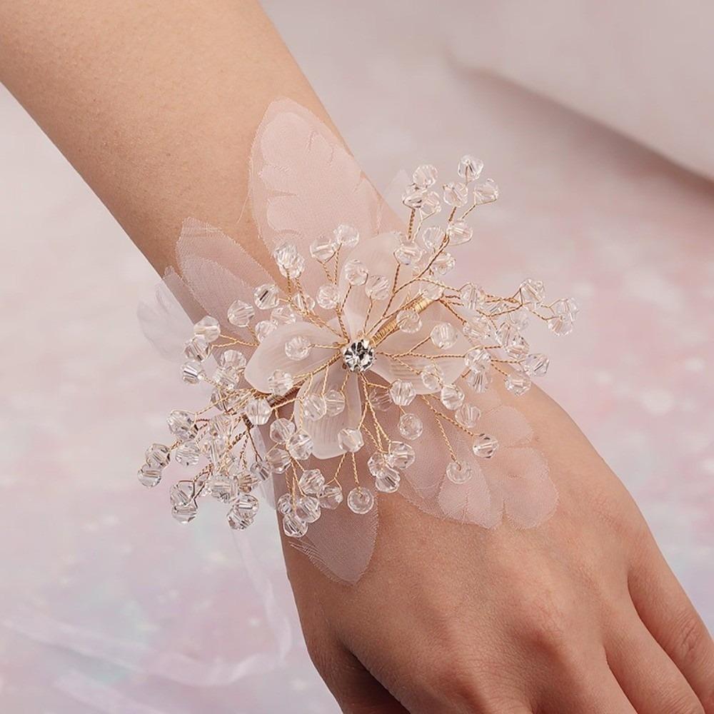 Photo Props Crystal Beads Bracelet Pearl Rhinestone Hand Flower  Wedding Party