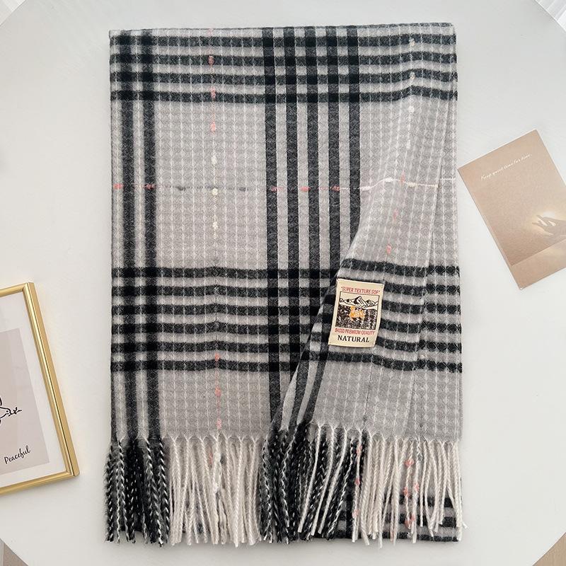 Double-sided plaid knitted fringed scarf women's autumn and winter new versatile thickened warm scarf student outer shawl
