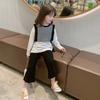 Girls Long Sleeves T-shirt Casual Top Tee Knitted Stripe Stitching Top