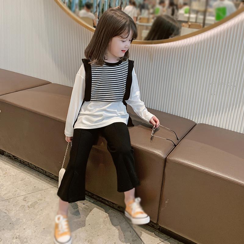 Girls Long Sleeves T-shirt Casual Top Tee Knitted Stripe Stitching Top