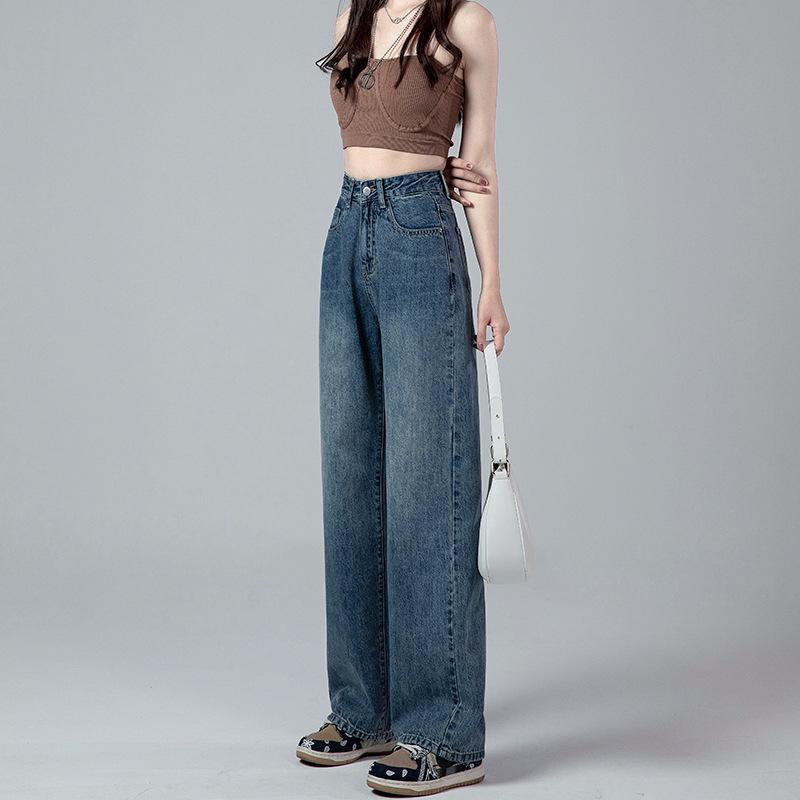 Women's Vintage High Waist Wide Leg Jeans: Retro Washed, Loose Fit, Plus Size, Floor-Length, Casual Drape Style