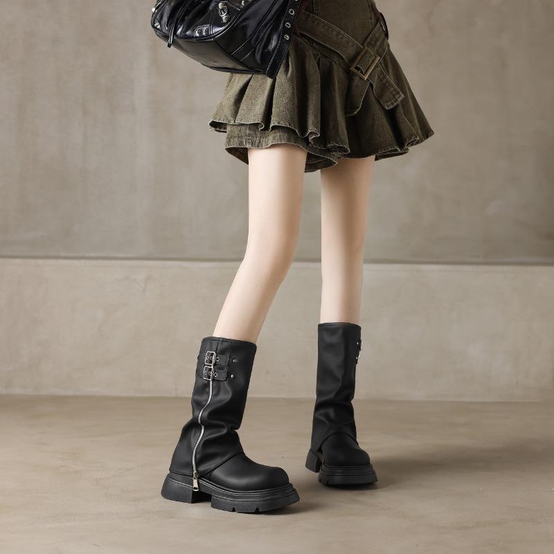 New Shoes for Women High Quality Belt Buckle Women's Boot Fashion Side Modern Boots Women  Round Toe Mid-Calf Zapatos S03