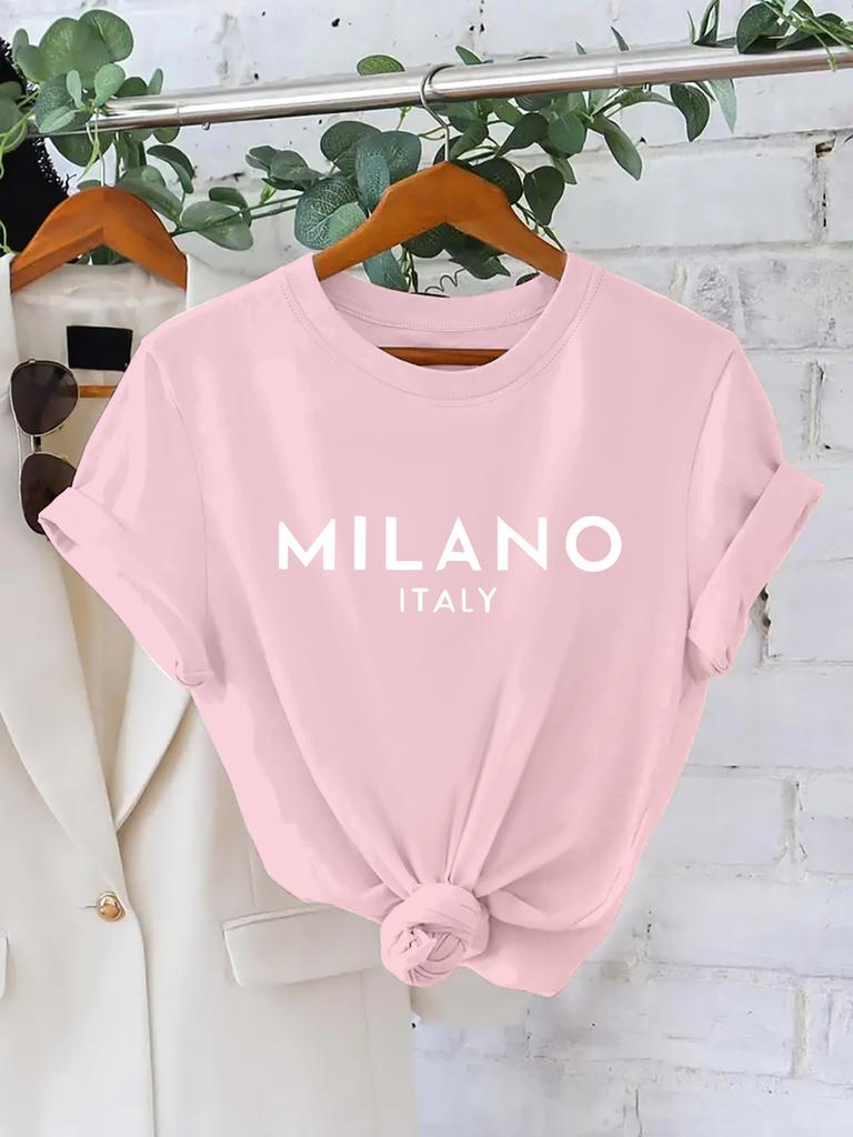 Women's Milano Italy Graphic T-Shirt - Vibrant Short Sleeve Crew Neck Casual Top, with Geometric Letter Print