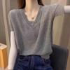 Women's Casual Black V-neck T-shirt Half Sleeve Button Detail Knit Top