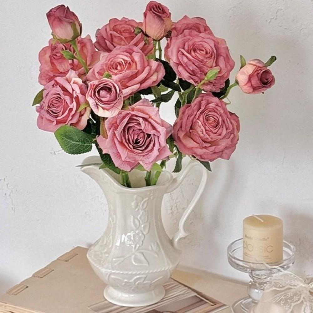Fleurs de Rose Artificielles à 3 Têtes Bord Brûlé Bouquet de Pivoines Artificielles Rose Simulation Soie Cadeau Festif