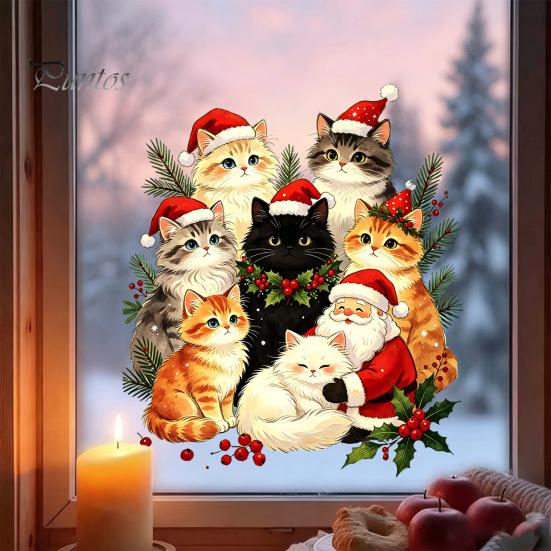 Winter Holiday Window Art Cat Christmas Static Cling Decal, Waterproof PVC Festive Sticker, Xmas Decor Easy Apply Decorative for Home Living