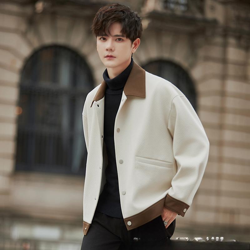 Spring and Autumn Twill Splicing Jacket Lapel Design Sense Loose Casual Jacket Top Trend High Sense