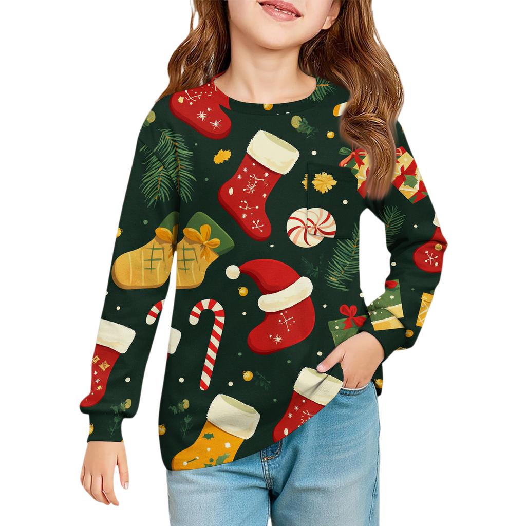 Christmas Day Girls' Long Sleeve Blouse - Round Neck Soft Waist Tunic