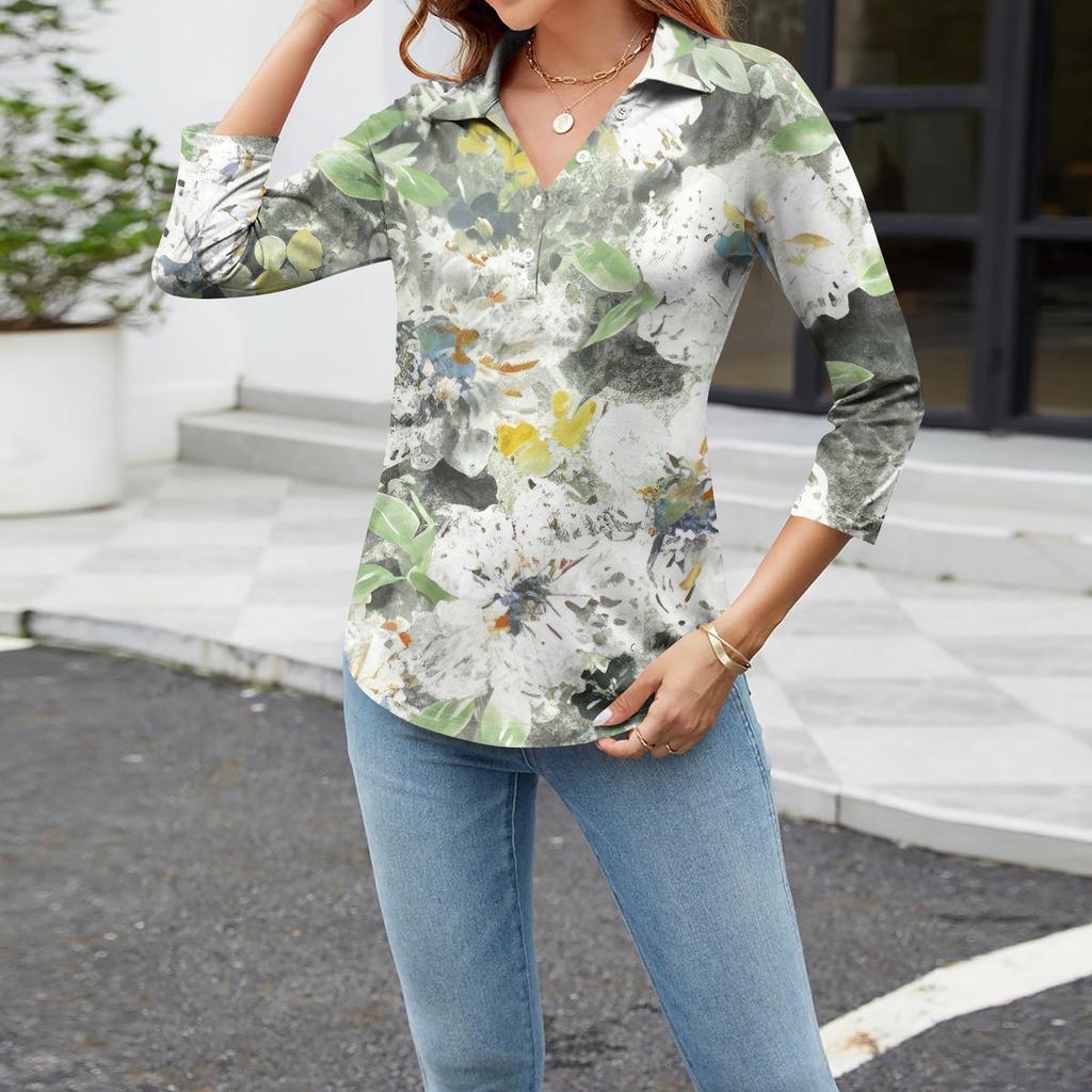 Women's Fashion Casual Button 3/4 Sleeve Floral Print Lapel Shirt Top