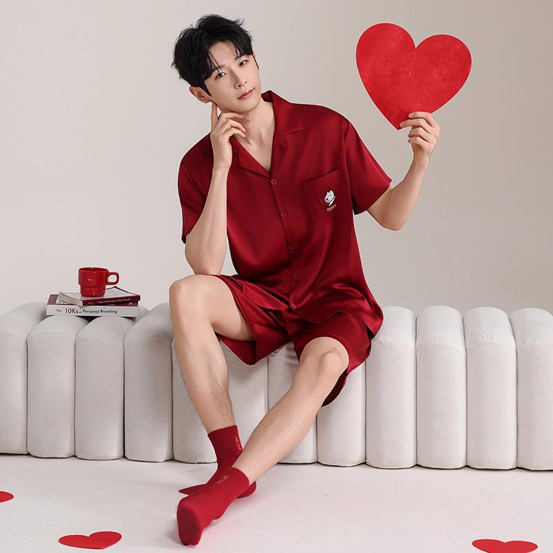 Spring and summer pajamas wedding couple suit ice silk short-sleeved shorts red natal year festive loungewear women