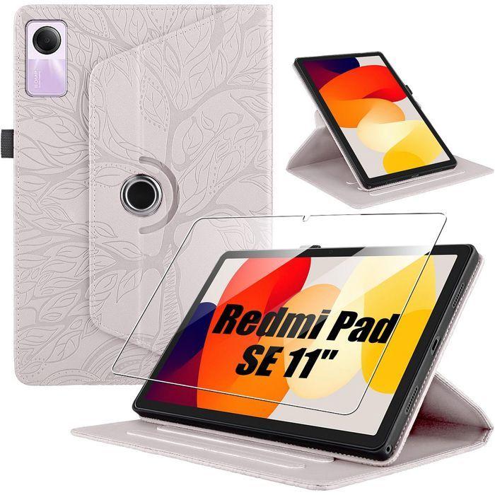 Coque + Verre Trempé pour Xiaomi Redmi Pad SE 11 Pouces, Rotatif Motif Arbre Cuir Effet Cuir Rose