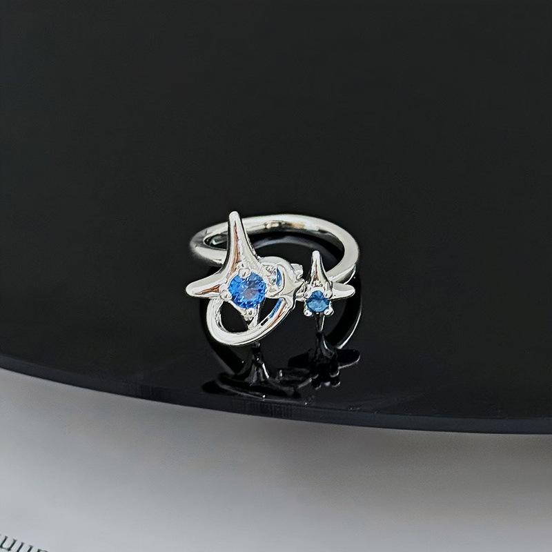 Sea Blue Star Exquisite Tetragonal Star Light Luxury Zir*****Pen Ring Personality Niche High-End Feeling Stacked Ring Woman