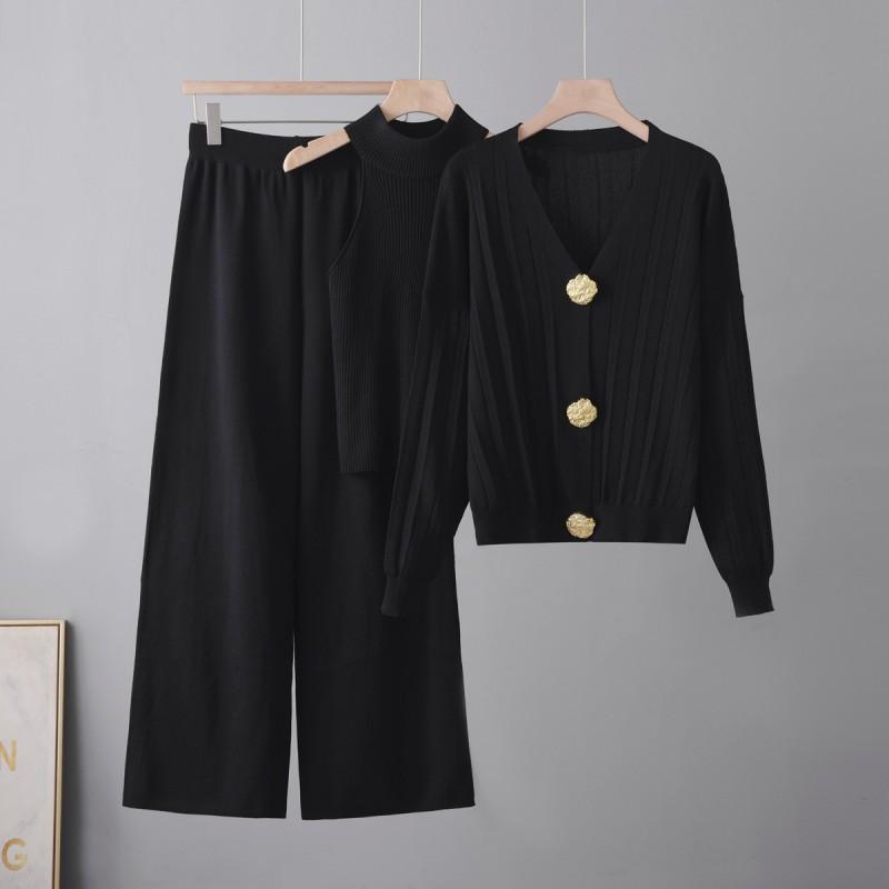 Womens Knit 3-Piece Set With Oversized Metal Button - Long Sleeve Sweater Vest Skirt Outfit Winter Casual Office Wear