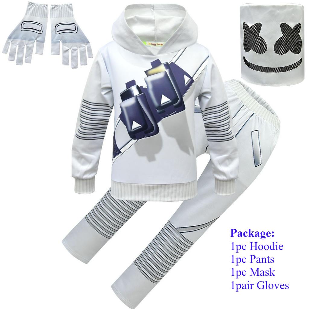 Set Felpa con Maniche Lunghe Pantaloni Maschera Copricapo DJ Marshmello per Bambini e Bambine Costumi Cosplay di Halloween Vestito per Giochi di Ruolo