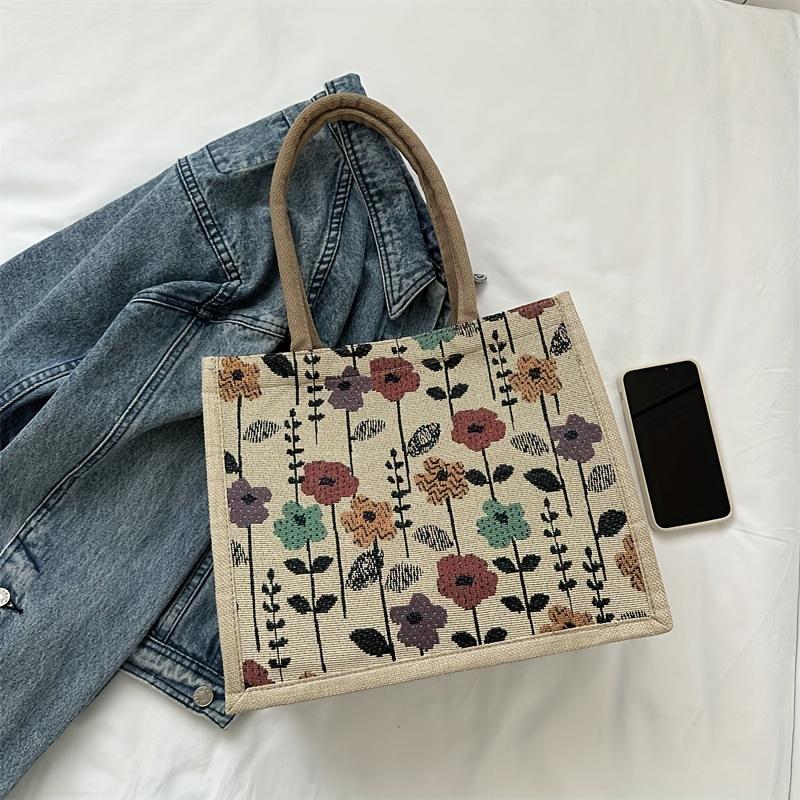 Simple and Fashionable Linen Flower Printing Handbag Women Fashion Commuter Shoulder Bags Tote Bag