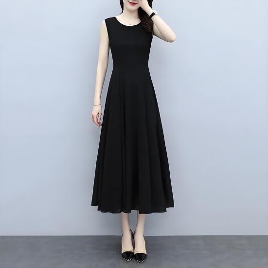 Women Sleeveless Midi Dress Summer Crew Neck Flowy Long Dress Beach Casual Pleated Swing Tank Dress