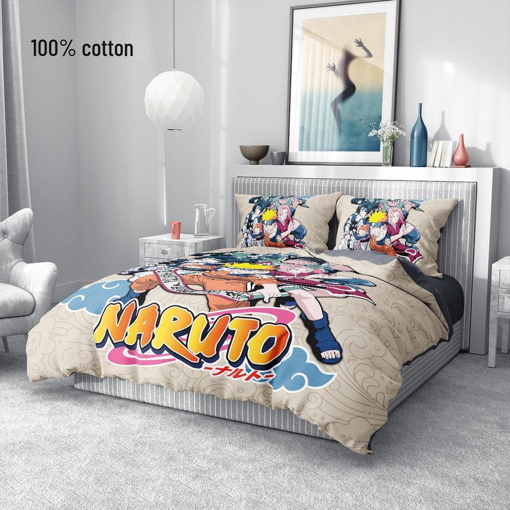 Naruto Cotton Bedding Set: Duvet Cover, Fitted Sheet, Pillowcase for Boys' Dorms