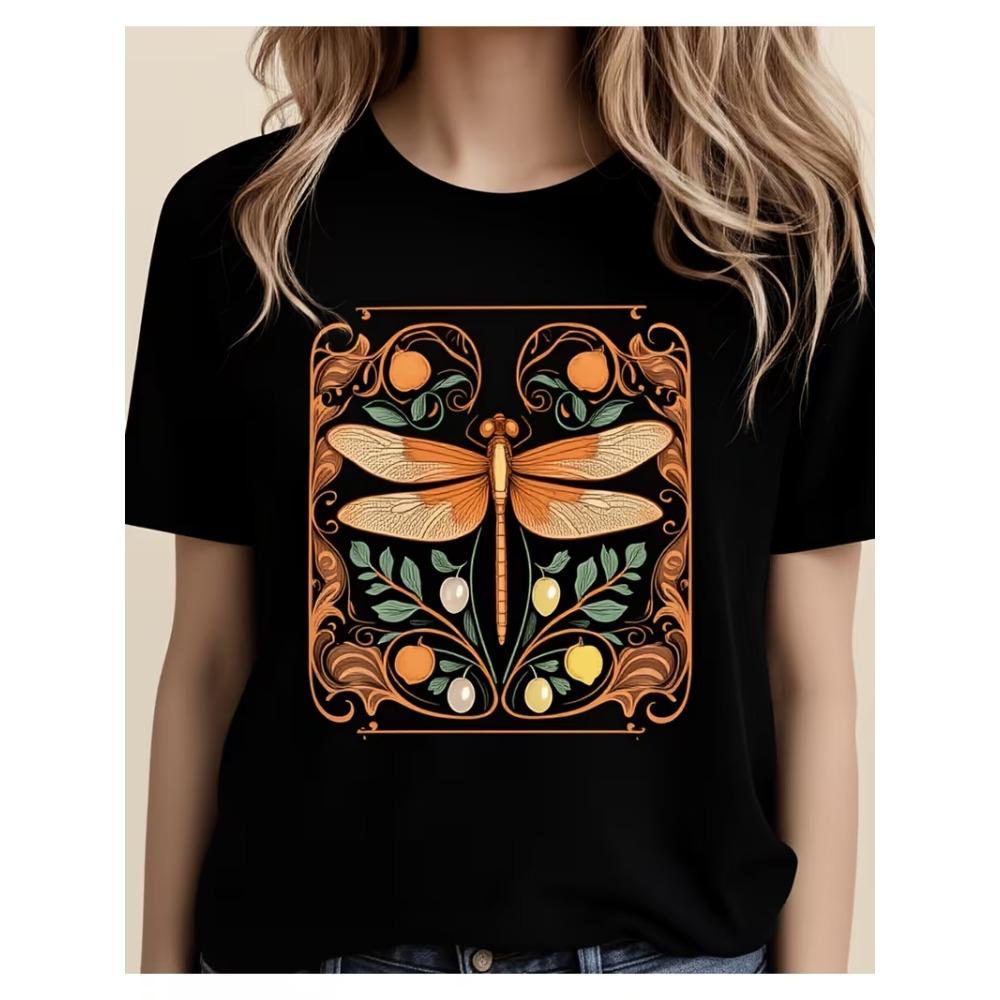 Vintage Floral Dragonfly Graphic T-Shirt Women’s Short Sleeve Tee Cottagecore Wreath Print for Daily Wear