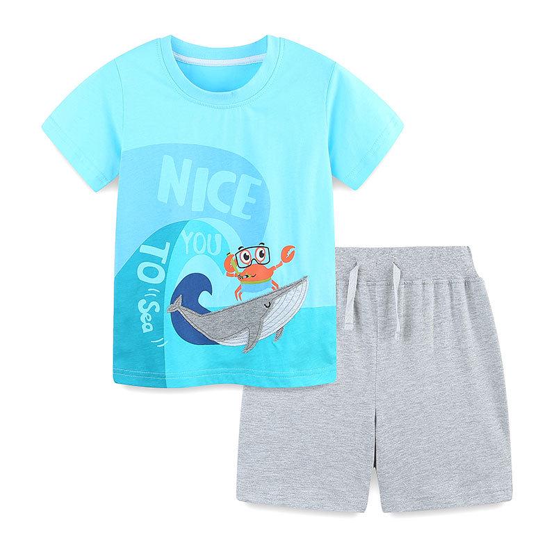 European & American Style Summer Cartoon Shark Boys Knit Cotton 2-Piece Set 125cm