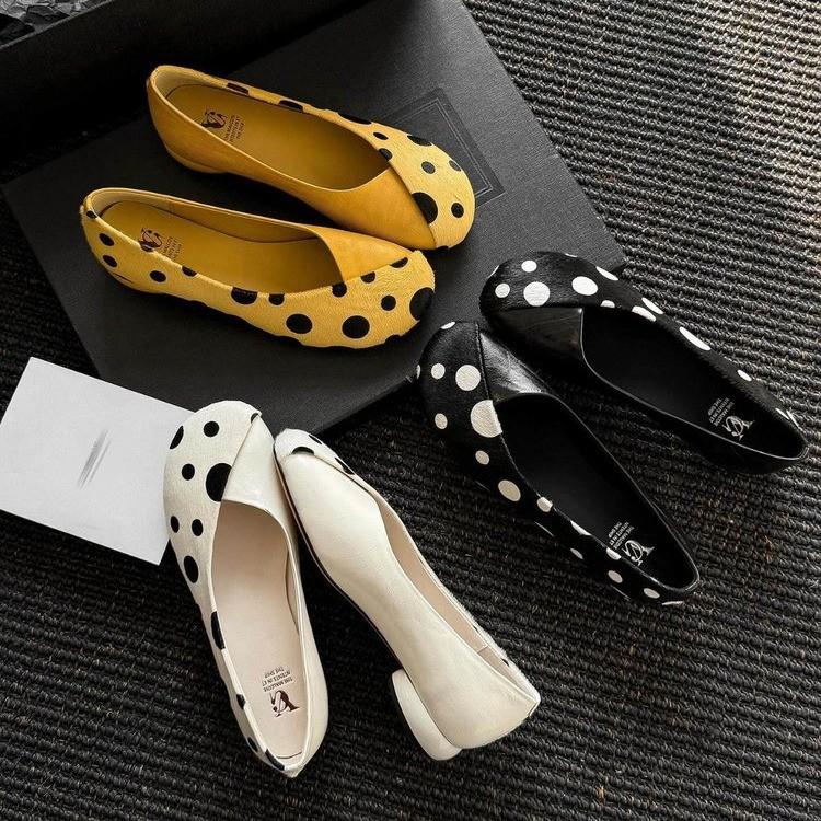 Spring Summer Leather Sweet Style Yellow Polka Dot Shallow Single Shoes for Women, Niche Versatile Shoes, Slip-on Small C
