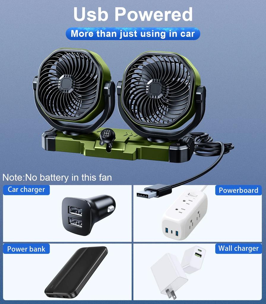 5V/12V/24V Car Dual Head Fan 2 Wind Speed Strong Airflow With 360° Rotatable USB Cigarette Lighter Vehicle Air Cooling Fan
