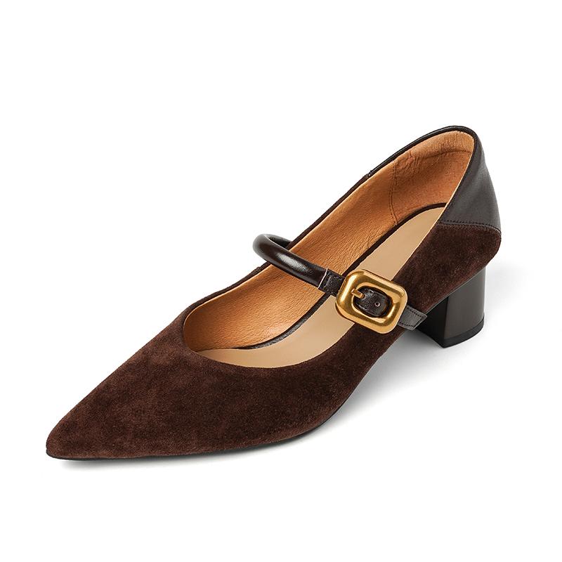

Мода 2025 Новые Весенние Женские Туфли Натуральная Кожа Женская Обувь Острый Носок Мелкий Ремешок с Пряжкой Мэри Джейн Женская Обувь Детская Замша 40 коричневый