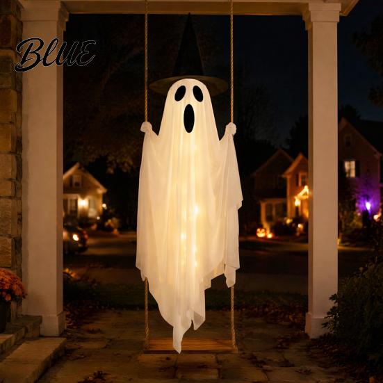 Animierte Halloween-Hoffiguren Leuchtendes Hängendes Schaukelgeister mit Hexenhut Fernbedienung Verstellbar Einfache Montage Requisiten Helligkeit Fliegend