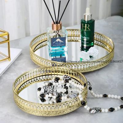 Metal Mirror Tray Kitchen Organizer Box Golden Plated Openwork Container Retro Style Desktop Decorative Dish Jewelry Storage Box