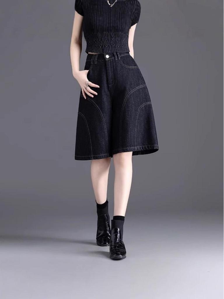 Women's Black Denim Mid-Calf Shorts - Summer 2025 Collection, Lightweight, Loose Fit, Five-Point Wide Leg Style