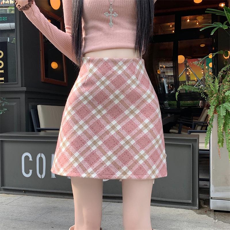 Sweet & Spicy Pink Plaid High-Waisted Midi Skirt – Women's Slimming A-Line Wool Blend Skirt for Spring & Autumn