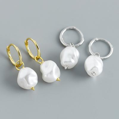 Fine 925 Sterling Silver 18K Gold Plated Jewelry  Irregular Baroque Pearl Drop Hoop Earrings Women Gift