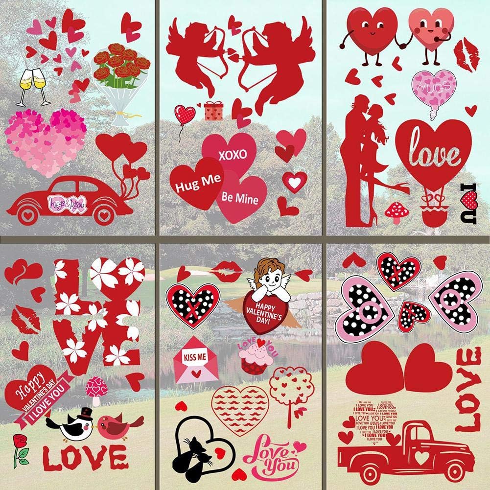 8 Sheets Valentine s Day Heart Window Clings Decorations Removable Vinyl Window Sticker Decals for Home, Office Valentines Party, Wedding,