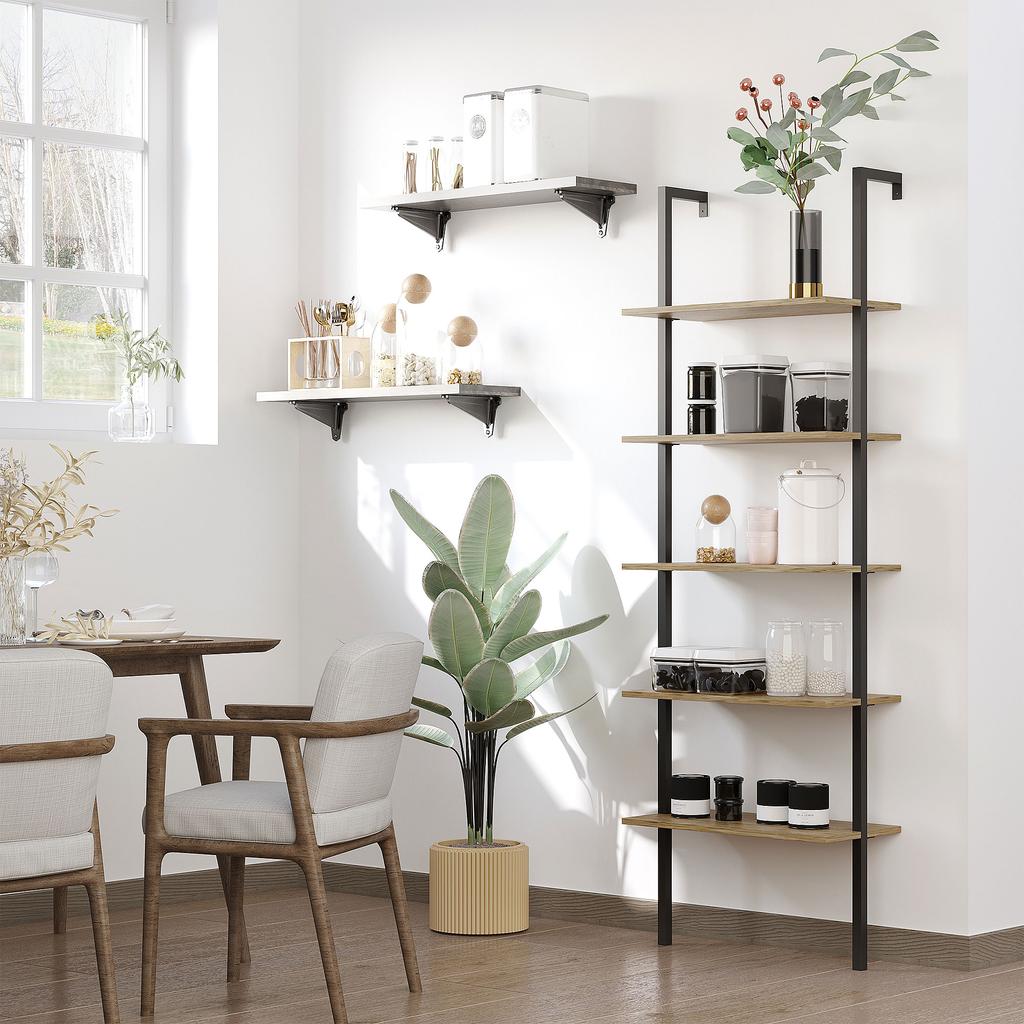 Ladder Bookcase with 5 Shelves in Industrial Style in Wood and Metal, 60x30x184.5cm, Brown