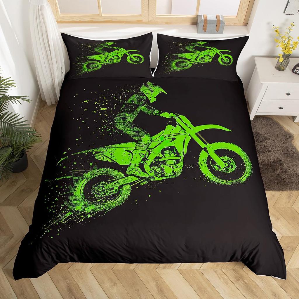Motorcycle Duvet Cover Set for Boys Men Queen King Size Lightweight Down Room Decor 2 Pillowcases and 1 Duvet Cover No Comforter