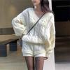 Fashion Casual Long Sleeve V-neck Pullover Sweater Women Short Pants Knitted Set 2025 Winter Autumn Loose Outfits Elegant Fall Top Clothing
