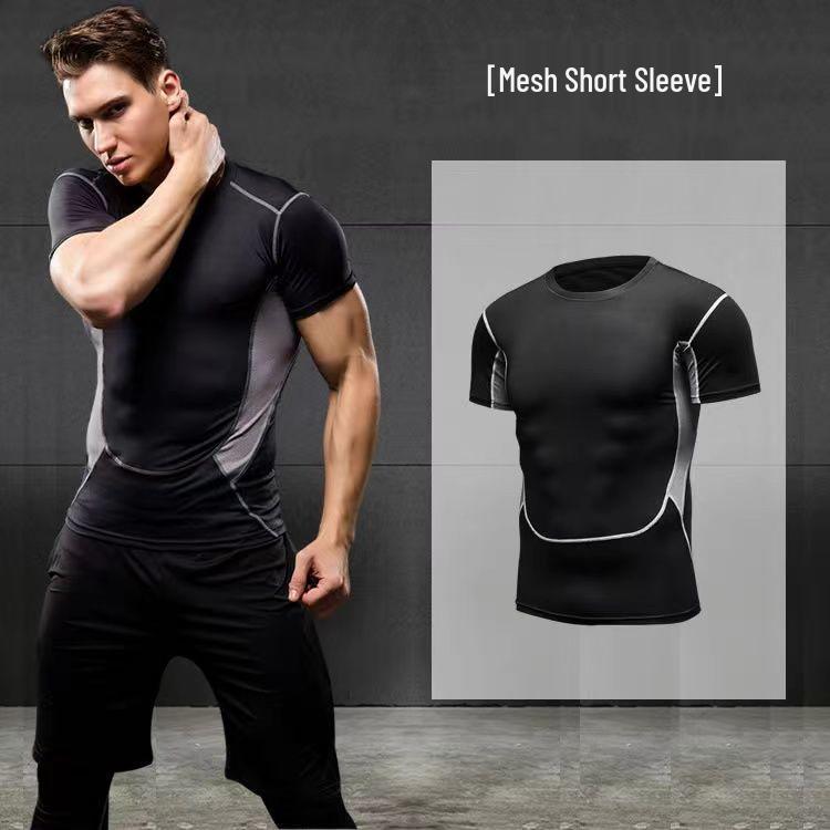 Pánské rychleschnoucí sportovní oblečení z ledového hedvábí s těsným střihem: Set s krátkým rukávem a pětibodovými kalhotami na letní fitness a běh
