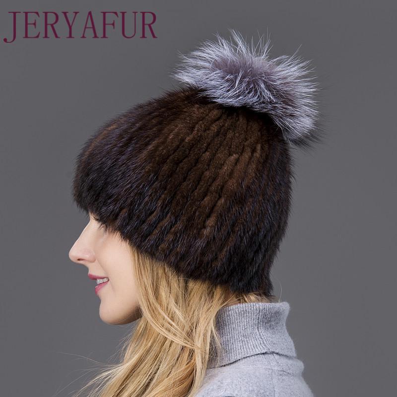 JERYAFUR Módní zimní čepice Teplá dámská pletená čepice Norková čepice s vertikální tkanou liščí bambulí lyžařská čepice
